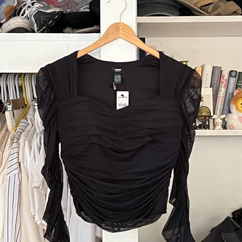 Express Black Ruched Mesh Sleeve Top - Picture 3 of 6